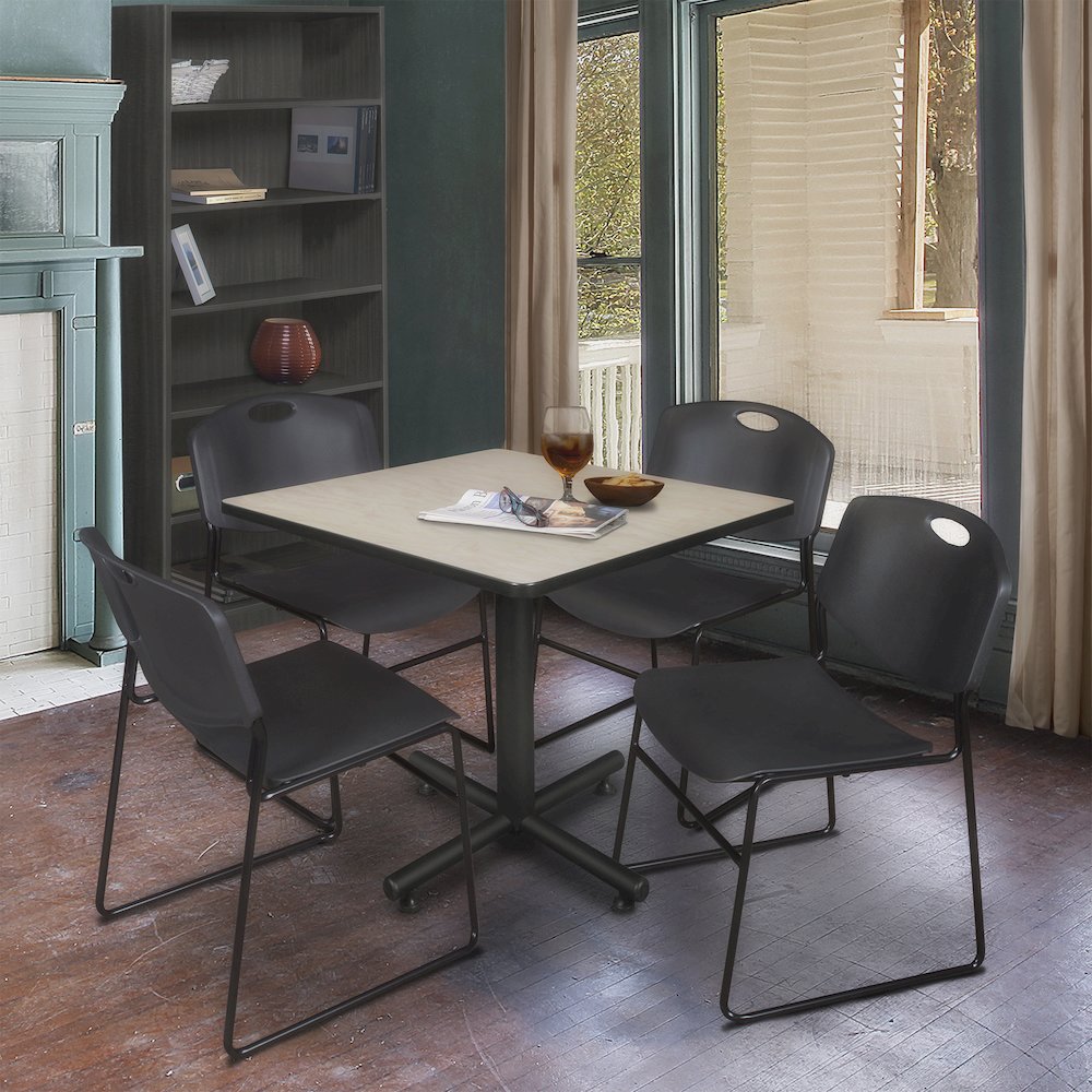 36 in. Square X-Base Breakroom Table- Maple, 4 Zeng Stack Chairs- Black. Picture 9