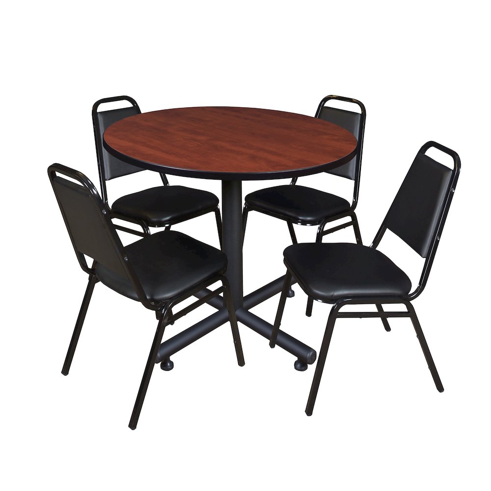 36 in. Round X-Base Breakroom Table- Cherry, 4 Restaurant Stack Chairs- Black. Picture 1