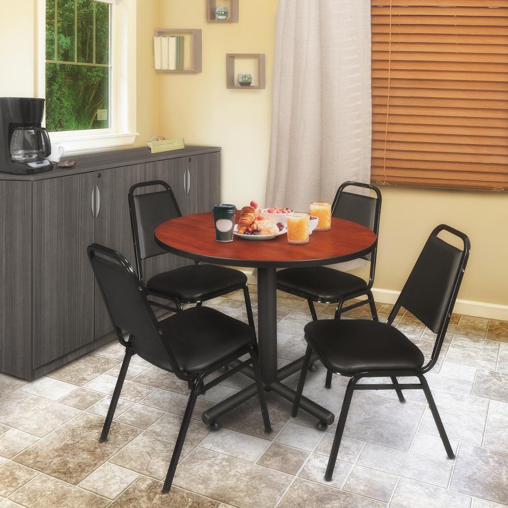 Kobe 36" Round Breakroom Table- Cherry & 4 Restaurant Stack Chairs- Black. Picture 2