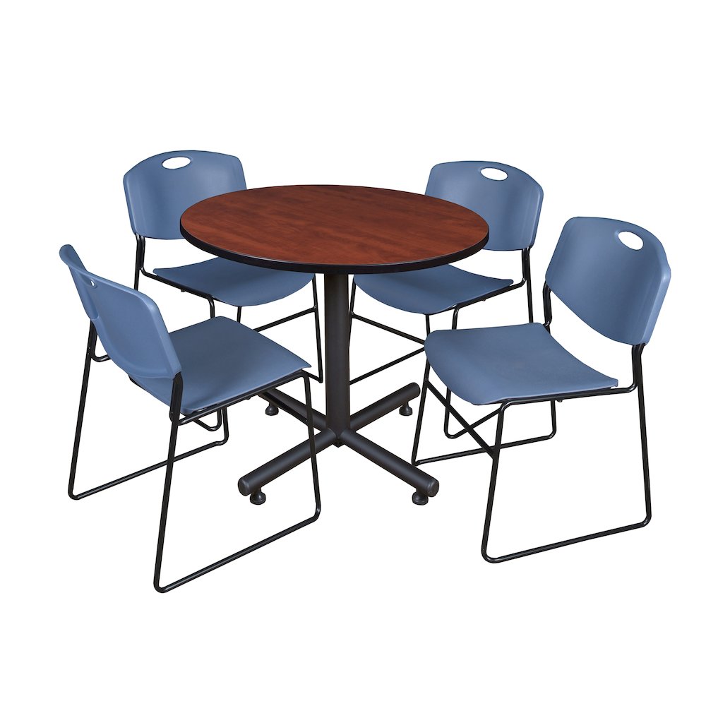 36 in. Round X-Base Breakroom Table- Cherry, 4 Zeng Stack Chairs- Blue. Picture 1