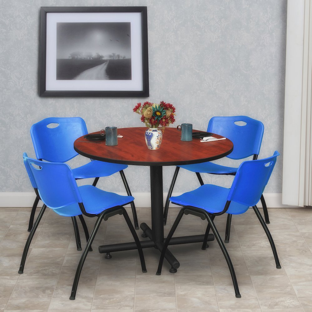 36 in. Round X-Base Breakroom Table- Cherry, 4 M Stack Chairs- Blue. Picture 8