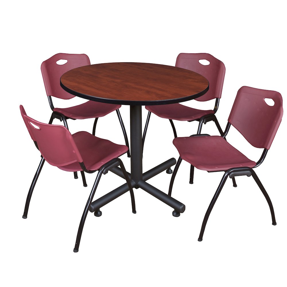 36 in. Round X-Base Breakroom Table- Cherry, 4 M Stack Chairs- Burgundy. Picture 1