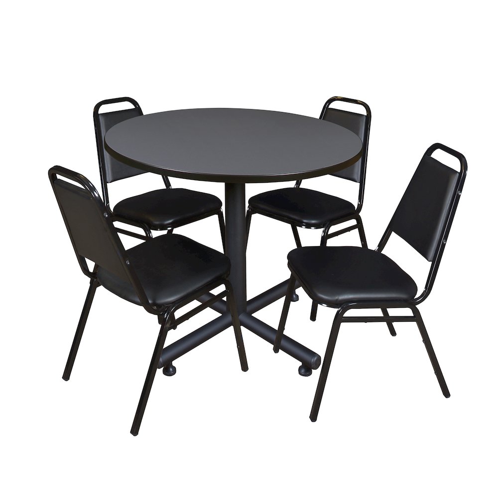 36 in. Round X-Base Breakroom Table- Grey, 4 Restaurant Stack Chairs- Black. Picture 1