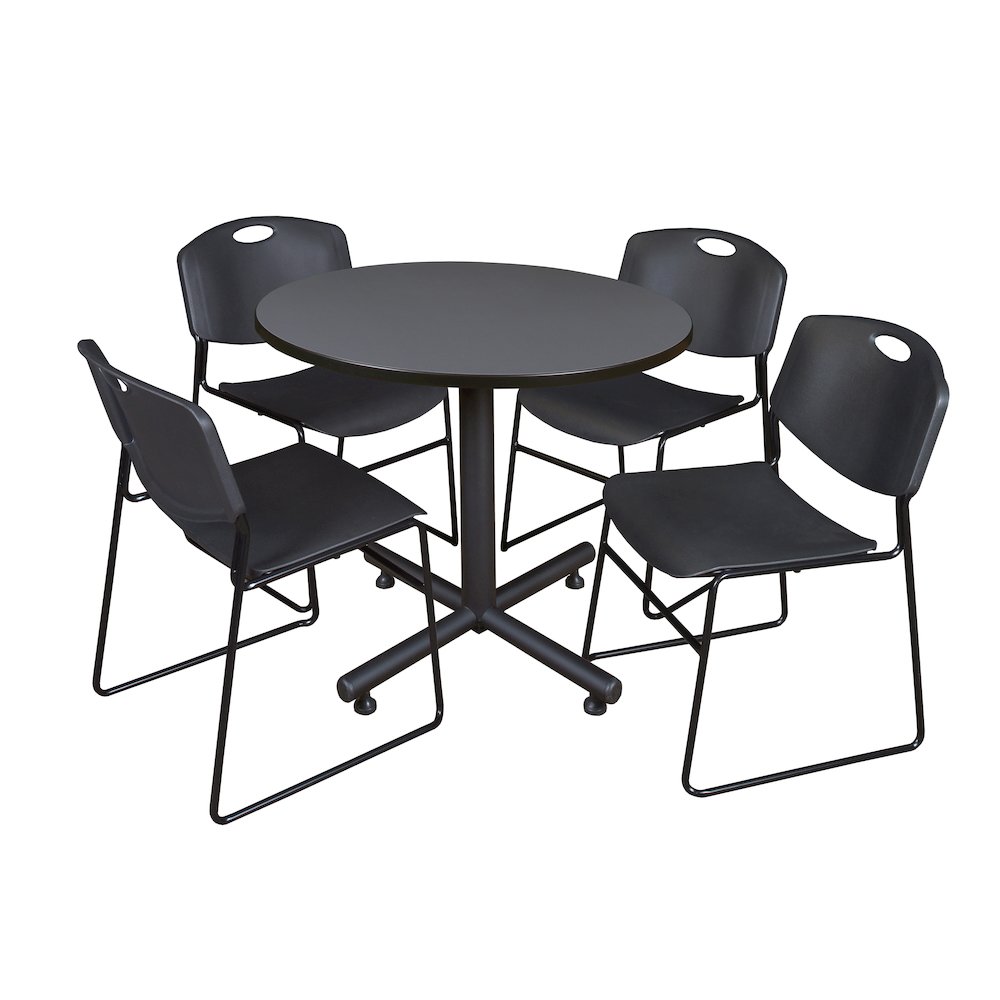 36 in. Round X-Base Breakroom Table- Grey, 4 Zeng Stack Chairs- Black. Picture 1