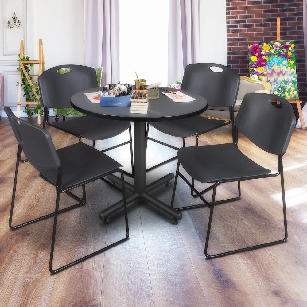 36 in. Round X-Base Breakroom Table- Grey, 4 Zeng Stack Chairs- Black. Picture 8