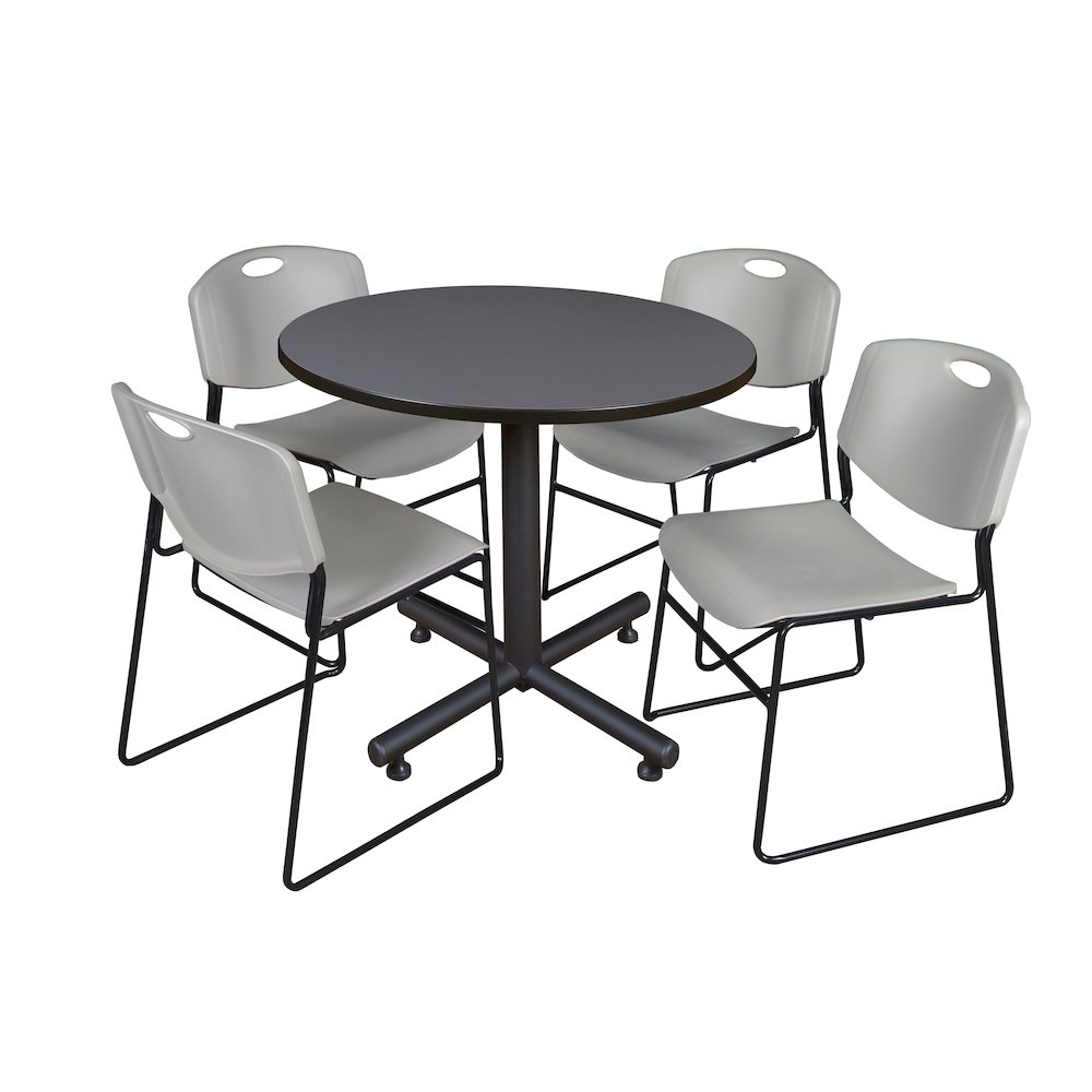 36 in. Round X-Base Breakroom Table- Grey, 4 Zeng Stack Chairs- Grey. Picture 1