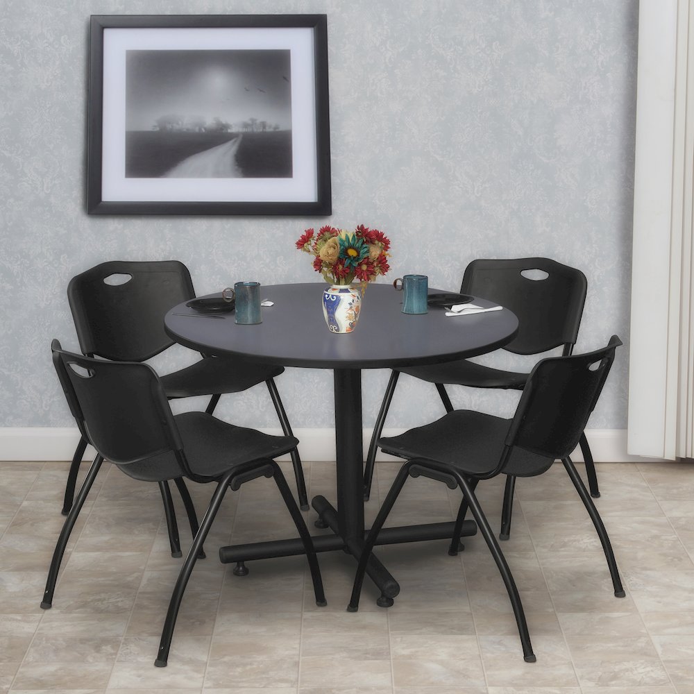36 in. Round X-Base Breakroom Table- Grey, 4 M Stack Chairs- Black. Picture 8