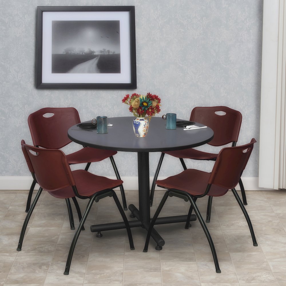 36 in. Round X-Base Breakroom Table- Grey, 4 M Stack Chairs- Burgundy. Picture 8