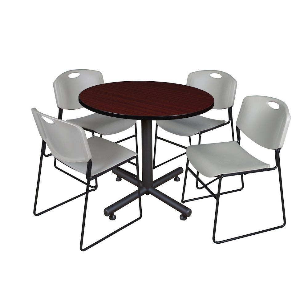 36 in. Round X-Base Breakroom Table- Mahogany, 4 Zeng Stack Chairs- Grey. Picture 1