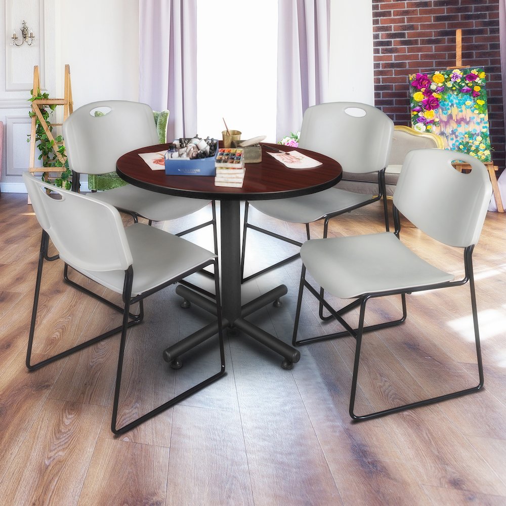 36 in. Round X-Base Breakroom Table- Mahogany, 4 Zeng Stack Chairs- Grey. Picture 8