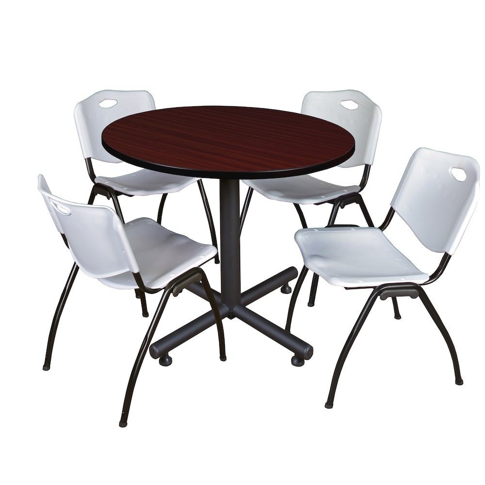 36 in. Round X-Base Breakroom Table- Mahogany, 4 M Stack Chairs- Grey. Picture 1