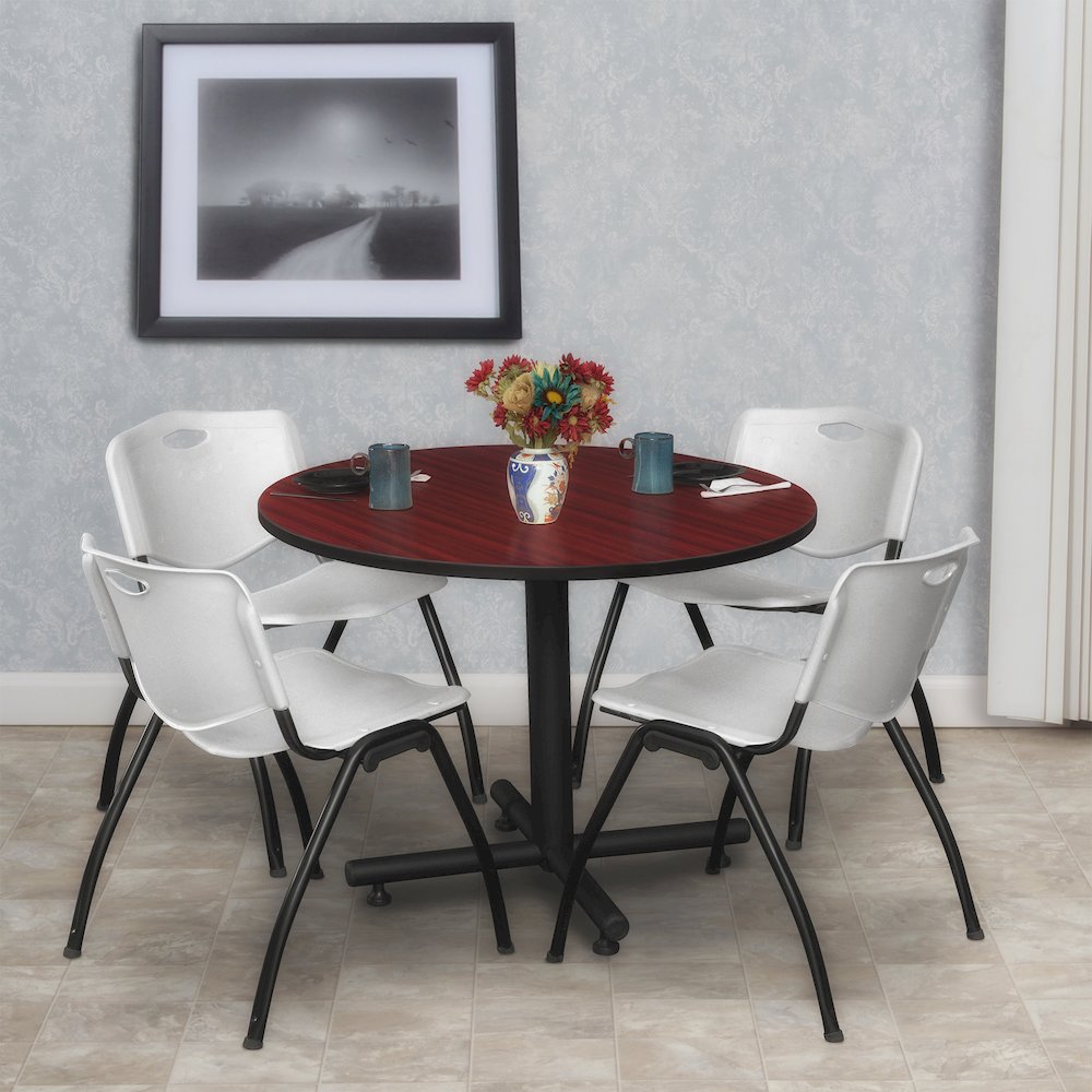 36 in. Round X-Base Breakroom Table- Mahogany, 4 M Stack Chairs- Grey. Picture 8