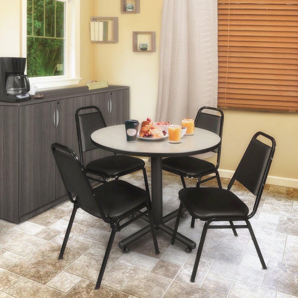 36 in. Round X-Base Breakroom Table- Maple, 4 Restaurant Stack Chairs- Black. Picture 8