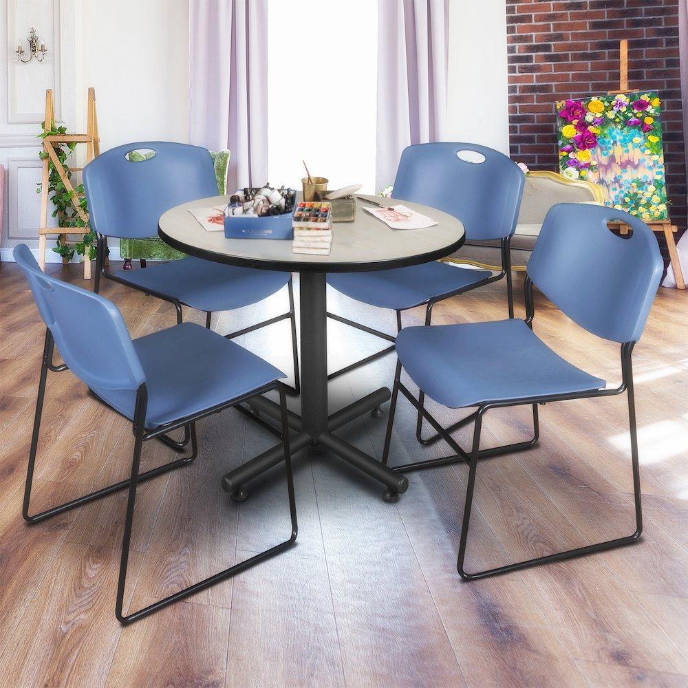 36 in. Round X-Base Breakroom Table- Maple, 4 Zeng Stack Chairs- Blue. Picture 8