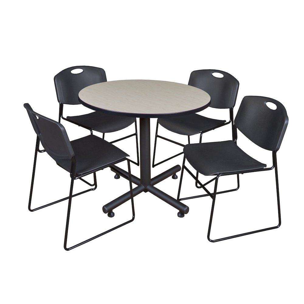 36 in. Round X-Base Breakroom Table- Maple, 4 Zeng Stack Chairs- Black. Picture 1