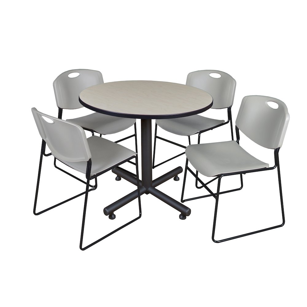 36 in. Round X-Base Breakroom Table- Maple, 4 Zeng Stack Chairs- Grey. Picture 1