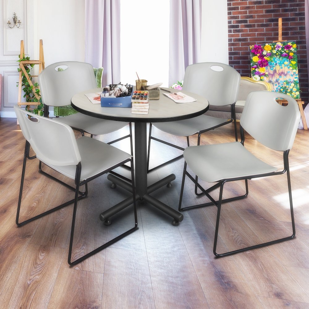 36 in. Round X-Base Breakroom Table- Maple, 4 Zeng Stack Chairs- Grey. Picture 8