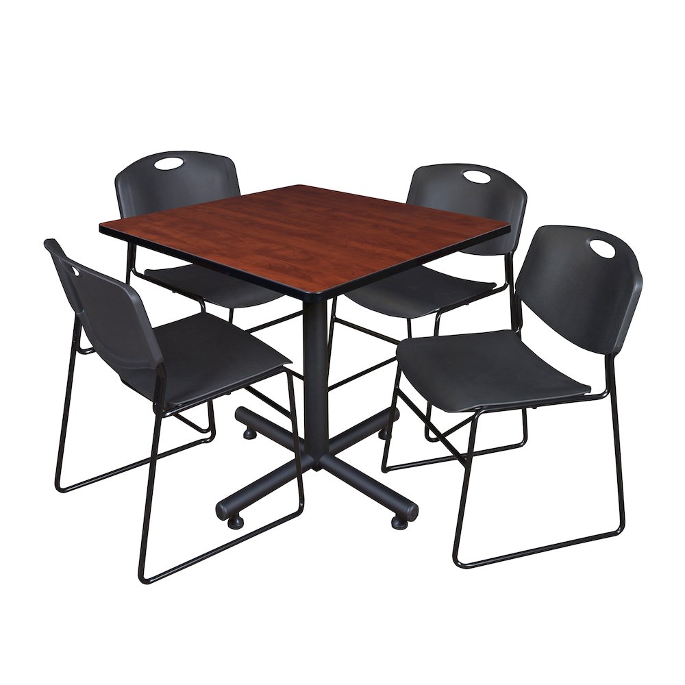 42 in. Square X-Base Breakroom Table- Cherry, 4 Zeng Stack Chairs- Black. Picture 1