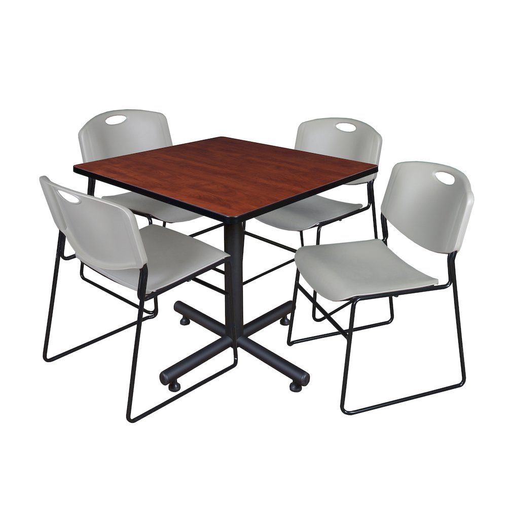 42 in. Square X-Base Breakroom Table- Cherry, 4 Zeng Stack Chairs- Grey. Picture 1