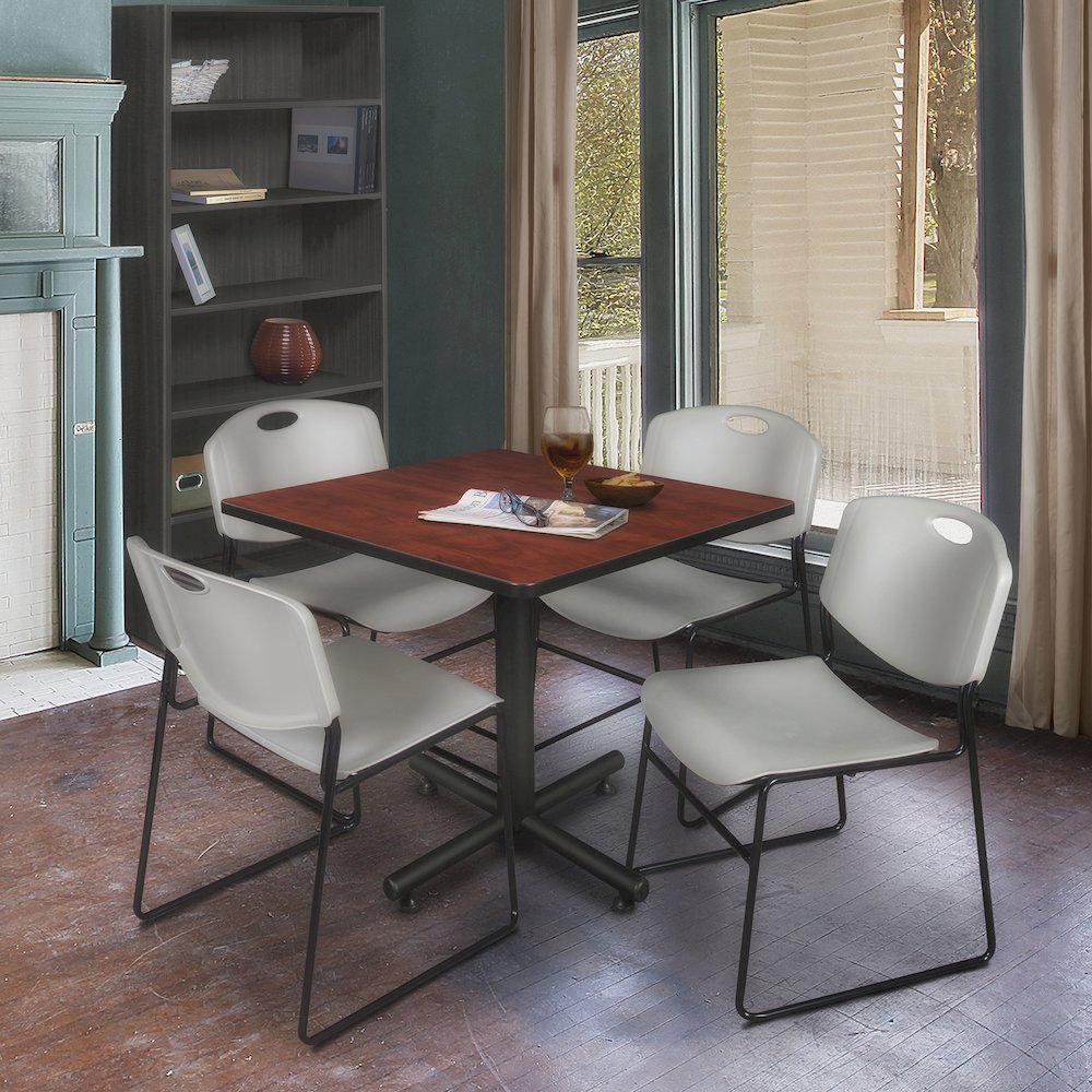 42 in. Square X-Base Breakroom Table- Cherry, 4 Zeng Stack Chairs- Grey. Picture 9