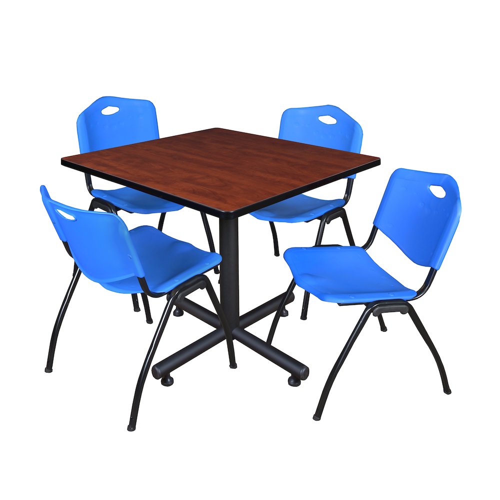 42 in. Square X-Base Breakroom Table- Cherry, 4 M Stack Chairs- Blue. Picture 1