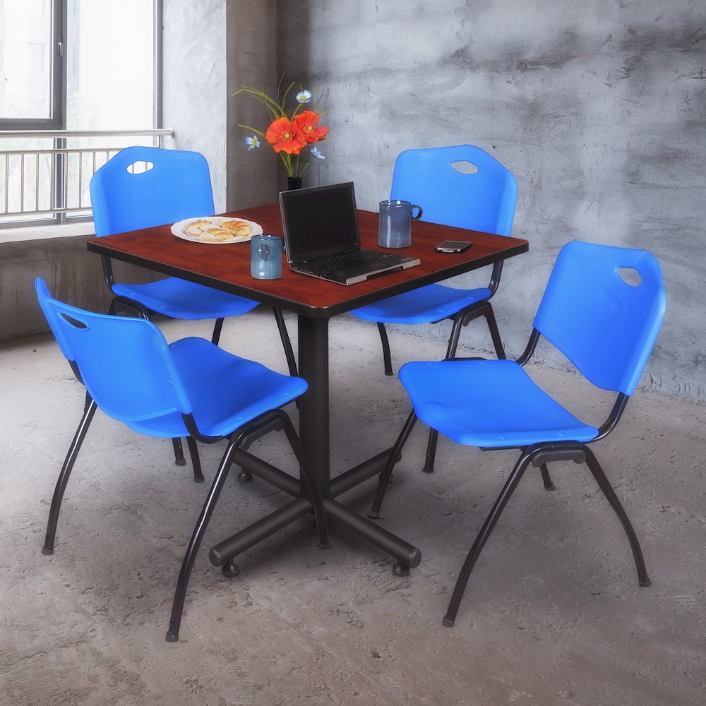 42 in. Square X-Base Breakroom Table- Cherry, 4 M Stack Chairs- Blue. Picture 9