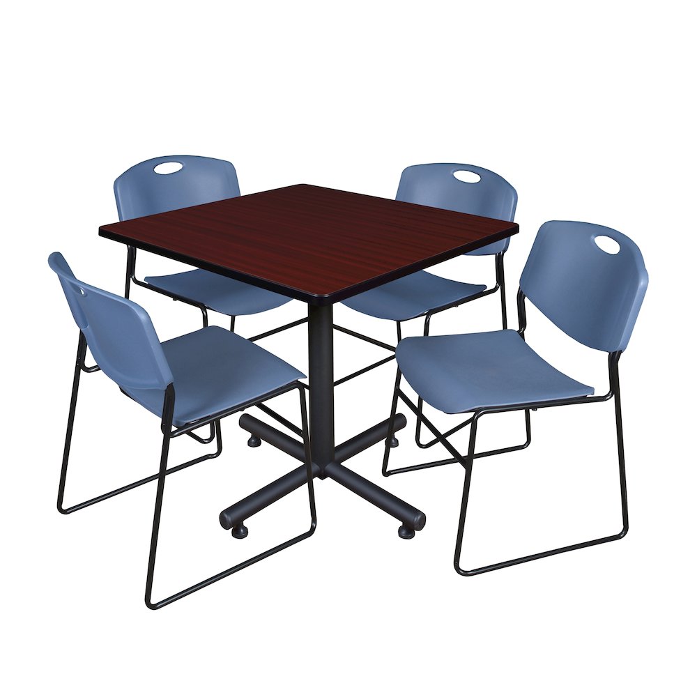 42 in. Square X-Base Breakroom Table- Mahogany, 4 Zeng Stack Chairs- Blue. Picture 1