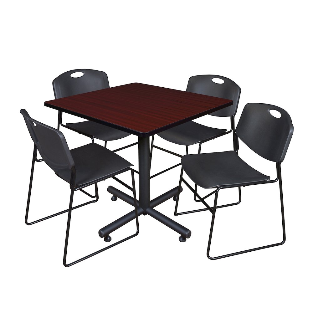 42 in. Square X-Base Breakroom Table- Mahogany, 4 Zeng Stack Chairs- Black. Picture 1