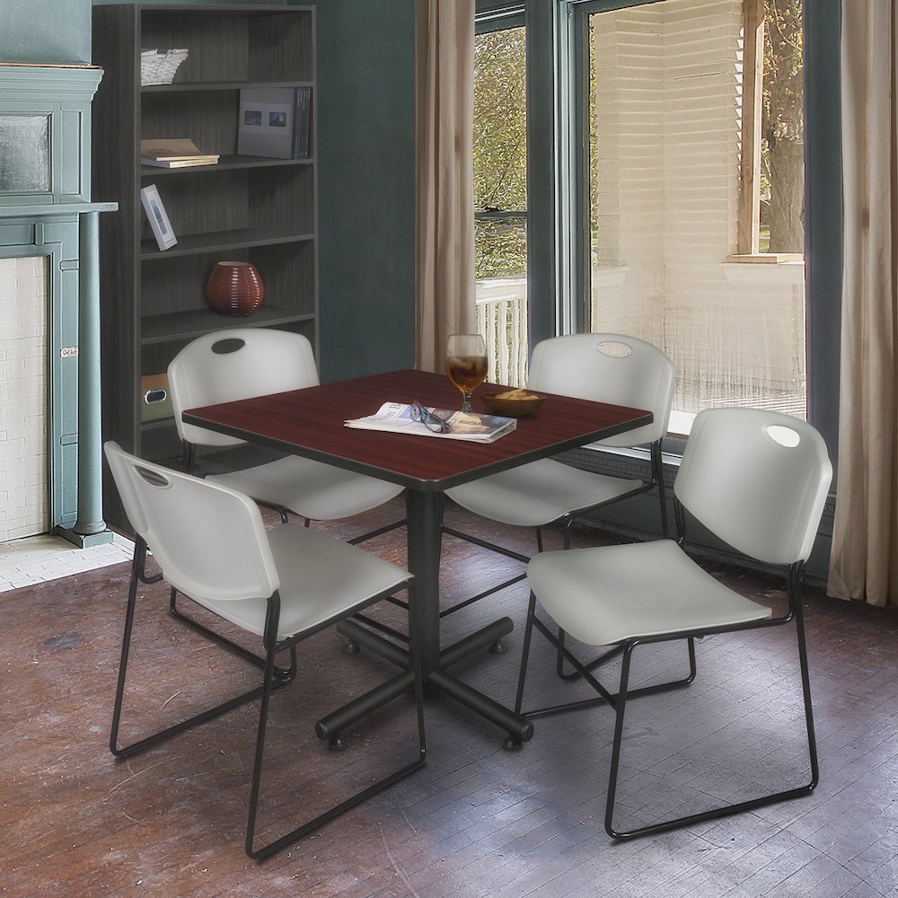 42 in. Square X-Base Breakroom Table- Mahogany, 4 Zeng Stack Chairs- Grey. Picture 9