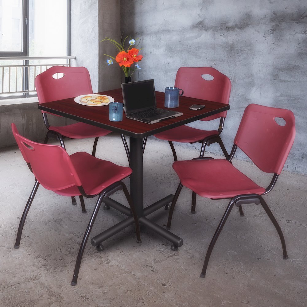 42 in. Square X-Base Breakroom Table- Mahogany, 4 M Stack Chairs- Burgundy. Picture 9