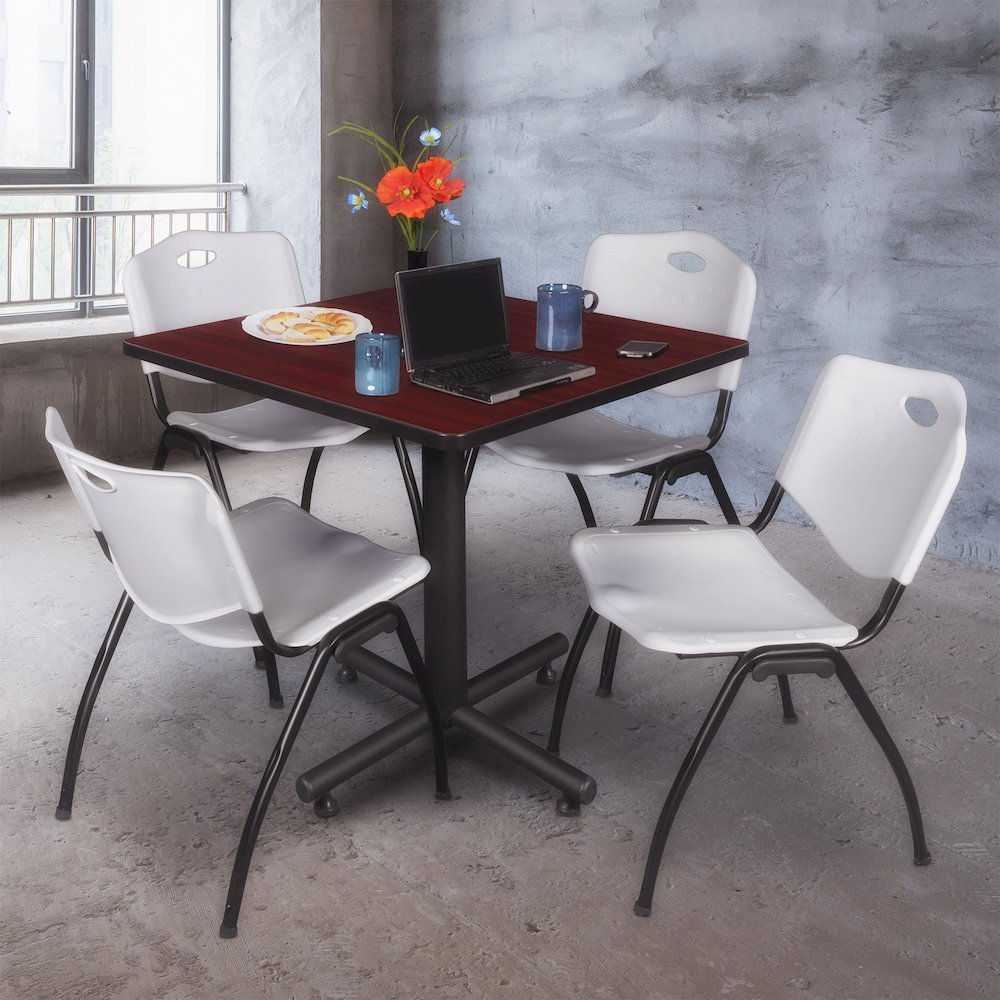42 in. Square X-Base Breakroom Table- Mahogany, 4 M Stack Chairs- Grey. Picture 9