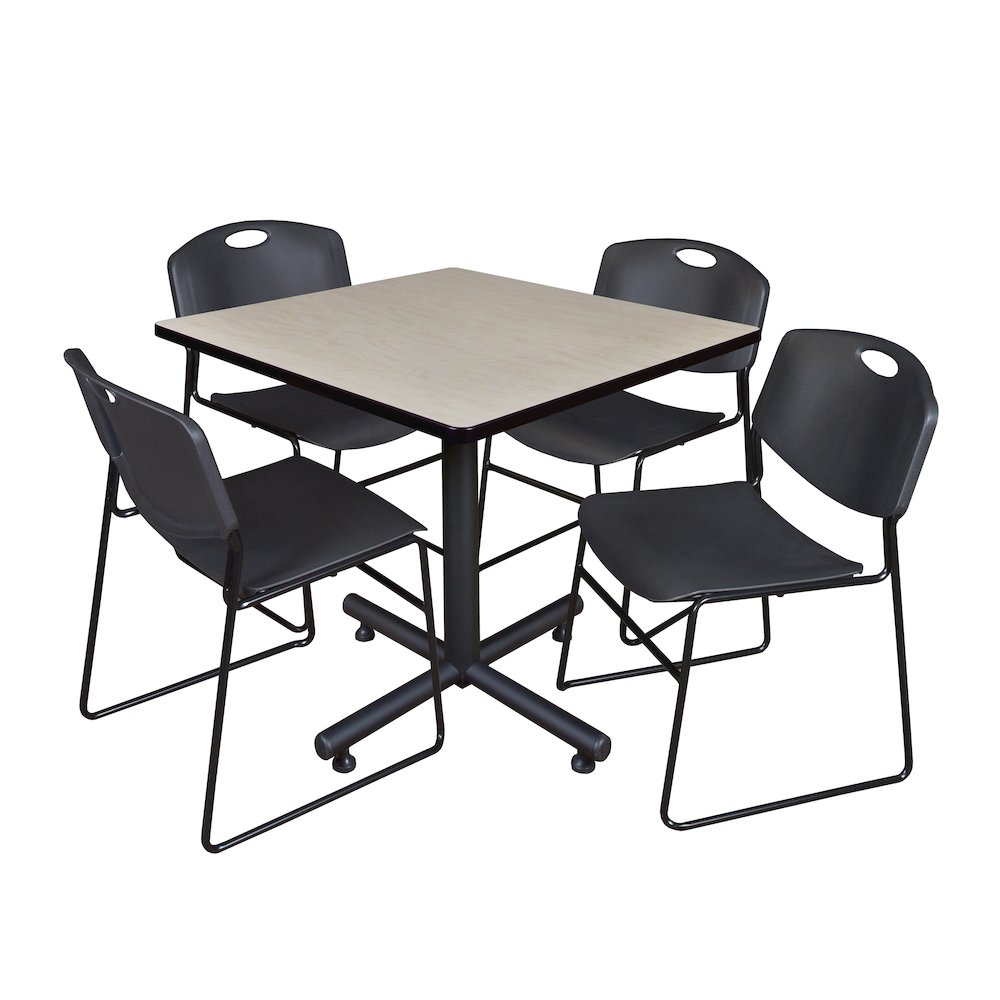 42 in. Square X-Base Breakroom Table- Maple, 4 Zeng Stack Chairs- Black. Picture 1