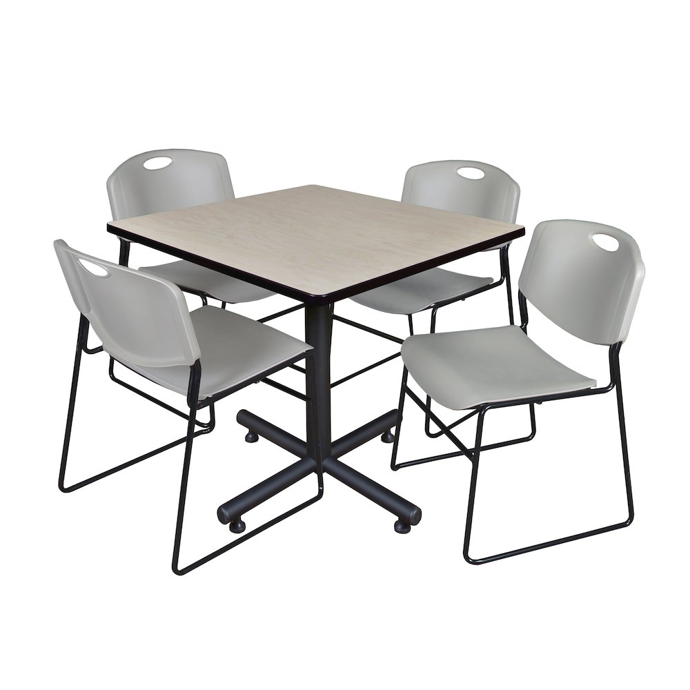 42 in. Square X-Base Breakroom Table- Maple, 4 Zeng Stack Chairs- Grey. Picture 1