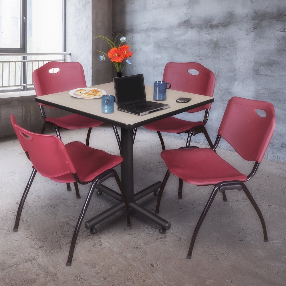 42 in. Square X-Base Breakroom Table- Maple, 4 M Stack Chairs- Burgundy. Picture 9
