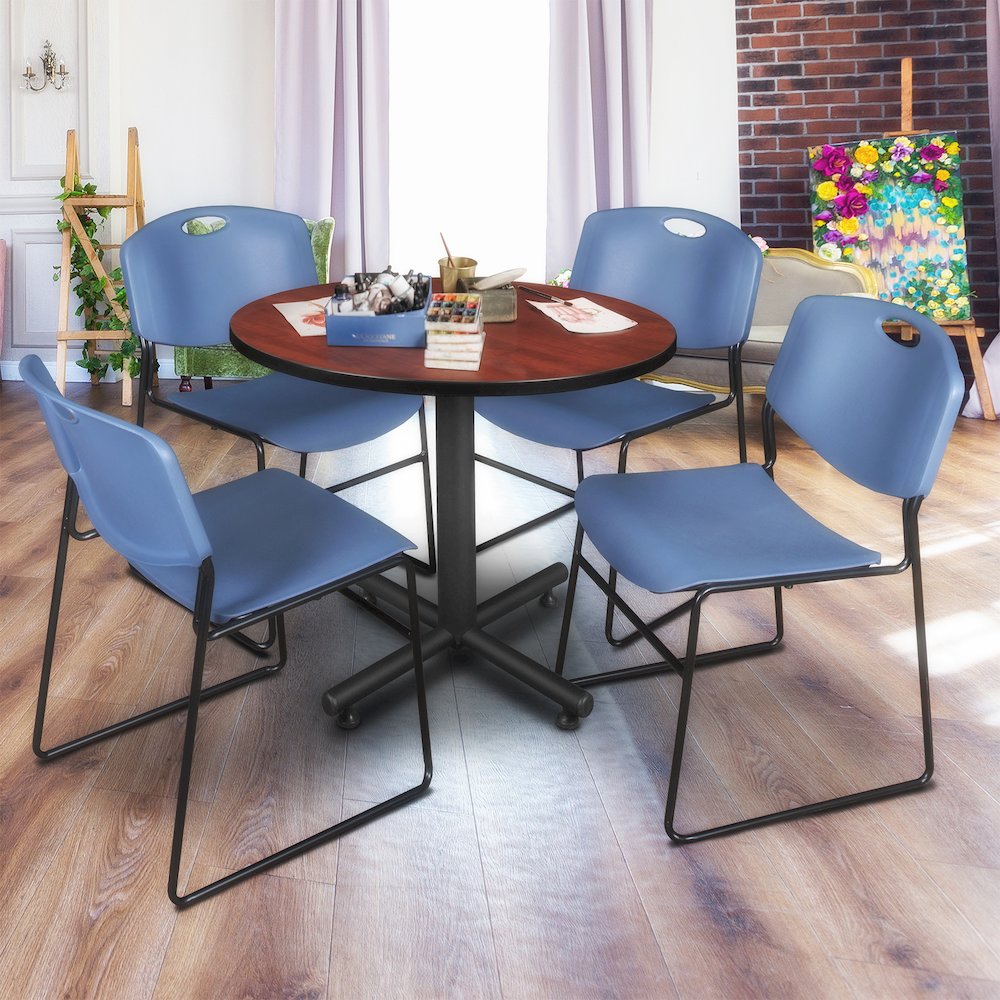 42 in. Round X-Base Breakroom Table- Cherry, 4 Zeng Stack Chairs- Blue. Picture 8