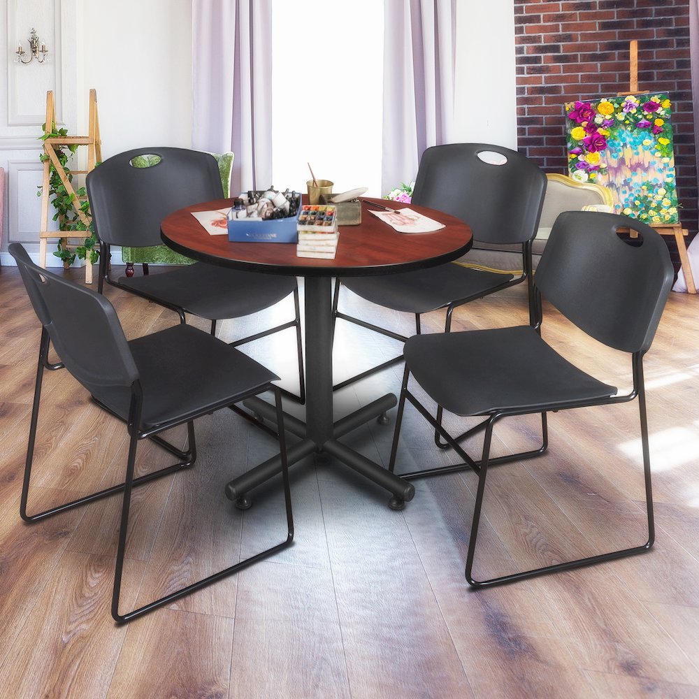 42 in. Round X-Base Breakroom Table- Cherry, 4 Zeng Stack Chairs- Black. Picture 8