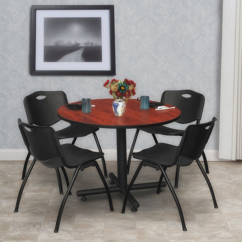 42 in. Round X-Base Breakroom Table- Cherry, 4 M Stack Chairs- Black. Picture 8