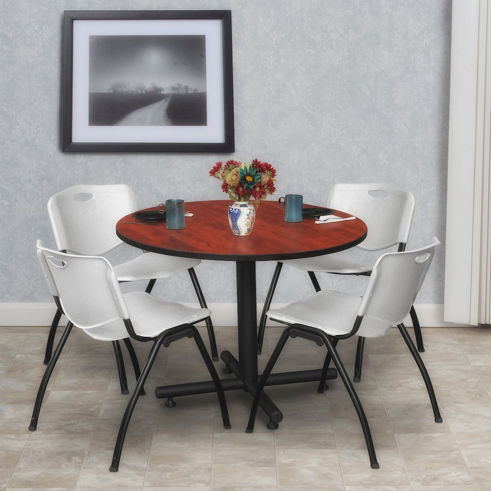 42 in. Round X-Base Breakroom Table- Cherry, 4 M Stack Chairs- Grey. Picture 8