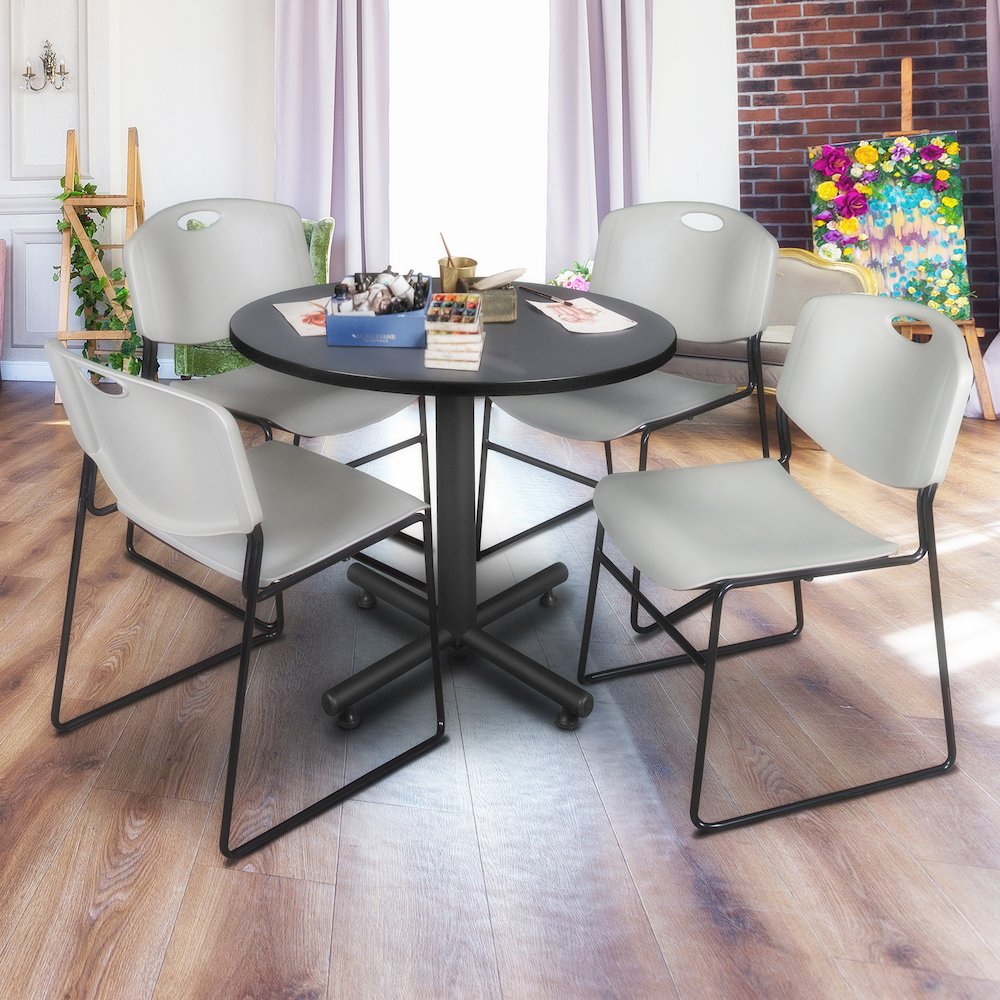 42 in. Round X-Base Breakroom Table- Grey, 4 Zeng Stack Chairs- Grey. Picture 8