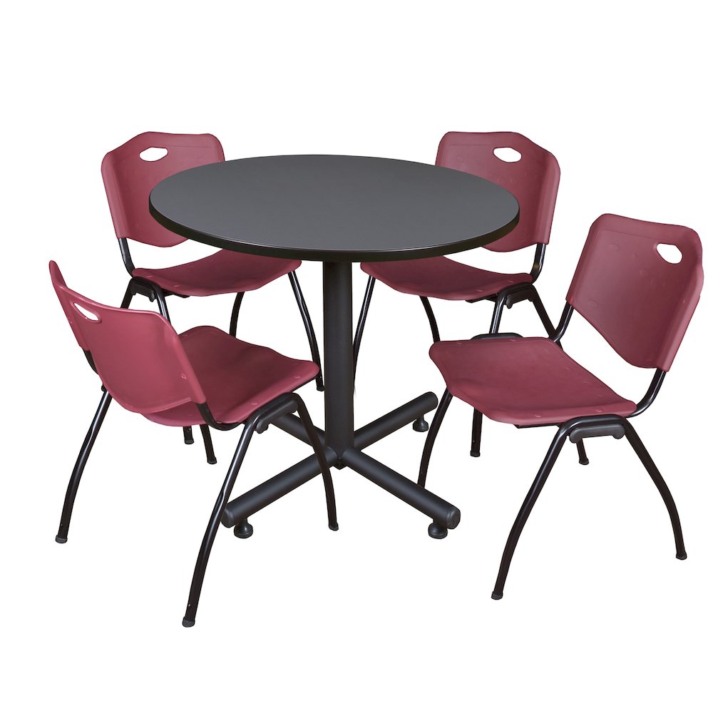 42 in. Round X-Base Breakroom Table- Grey, 4 M Stack Chairs- Burgundy. Picture 1