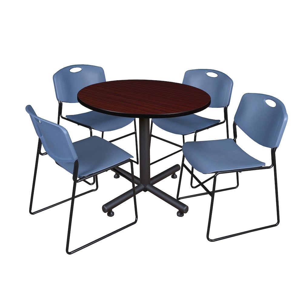 42 in. Round X-Base Breakroom Table- Mahogany, 4 Zeng Stack Chairs- Blue. Picture 1