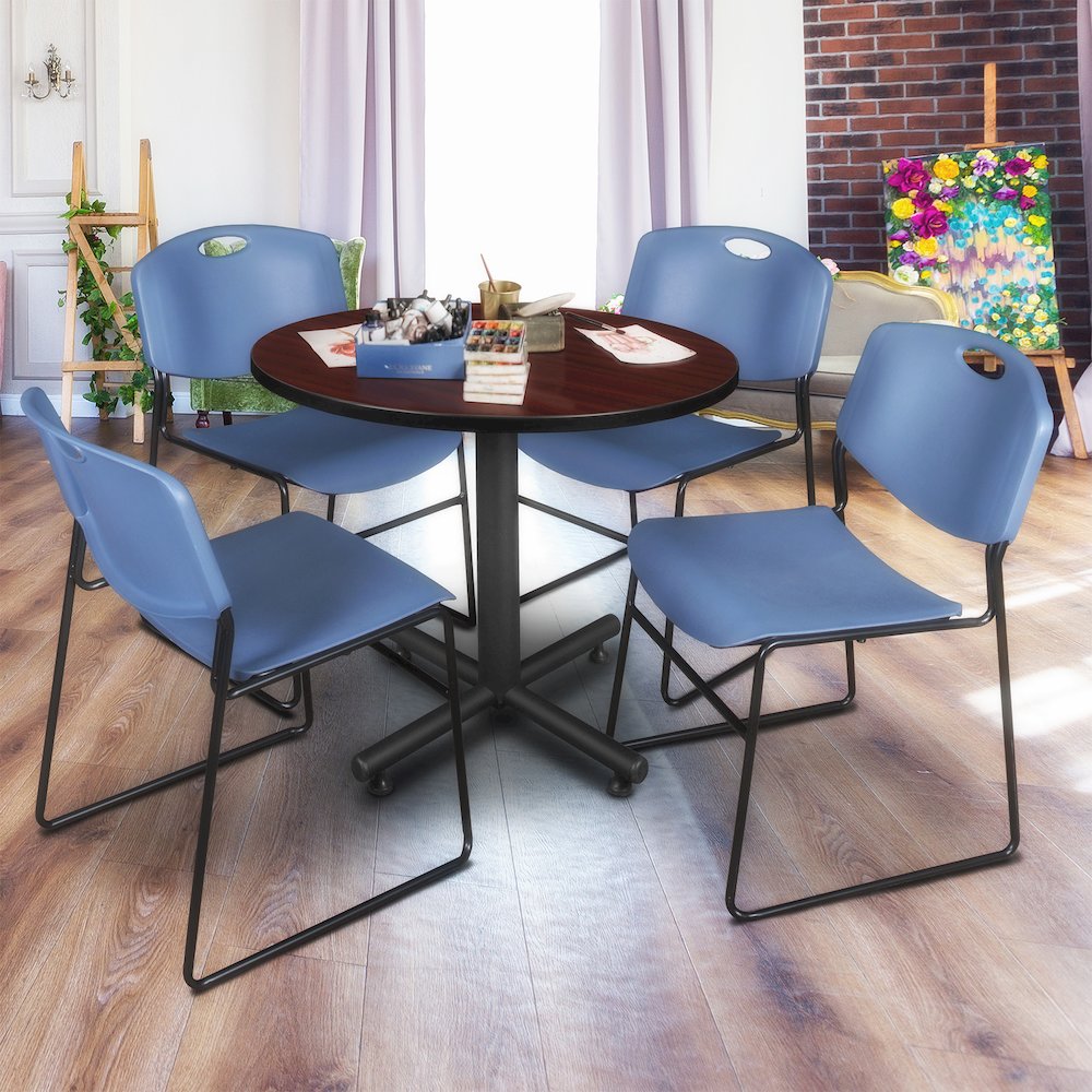 42 in. Round X-Base Breakroom Table- Mahogany, 4 Zeng Stack Chairs- Blue. Picture 8