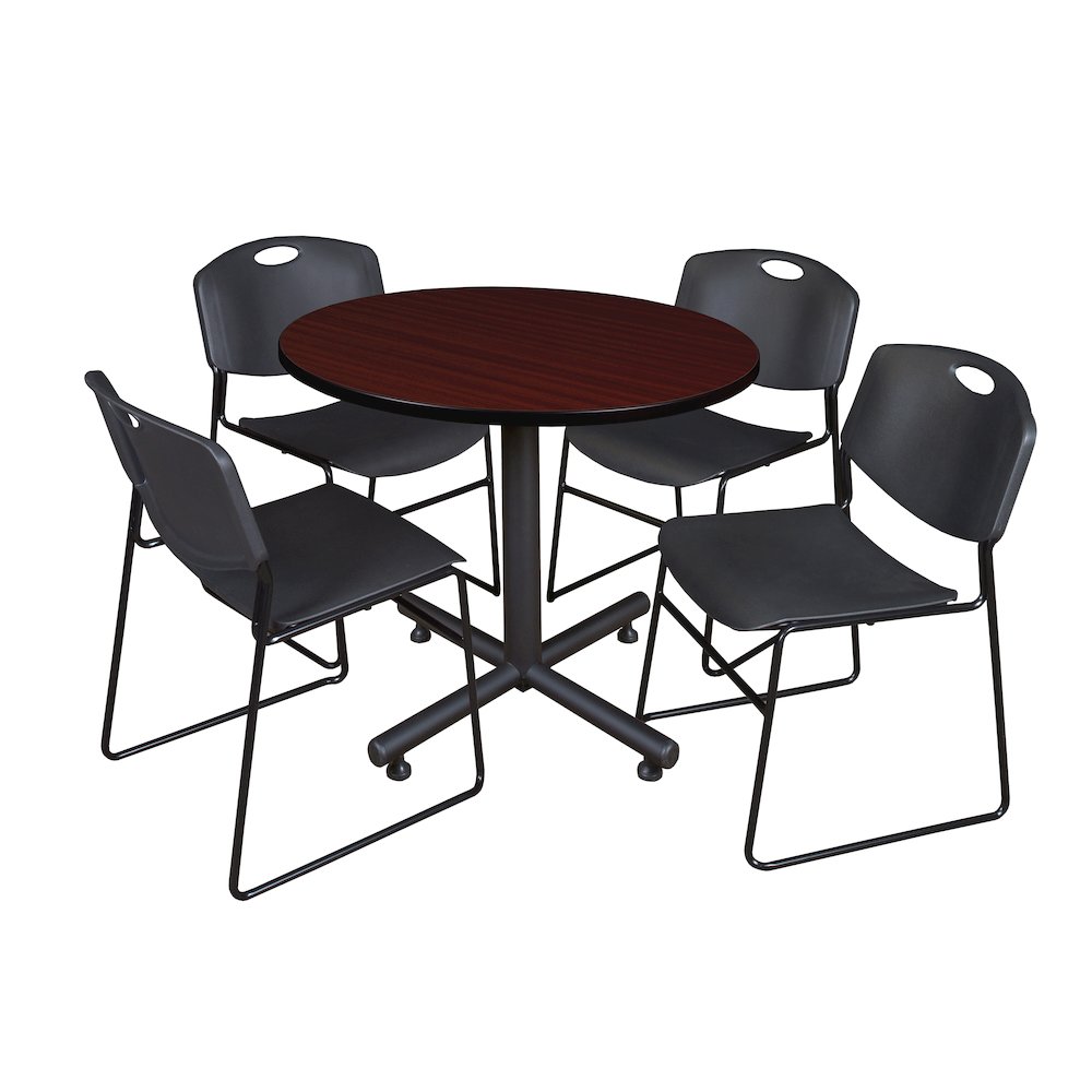42 in. Round X-Base Breakroom Table- Mahogany, 4 Zeng Stack Chairs- Black. Picture 1