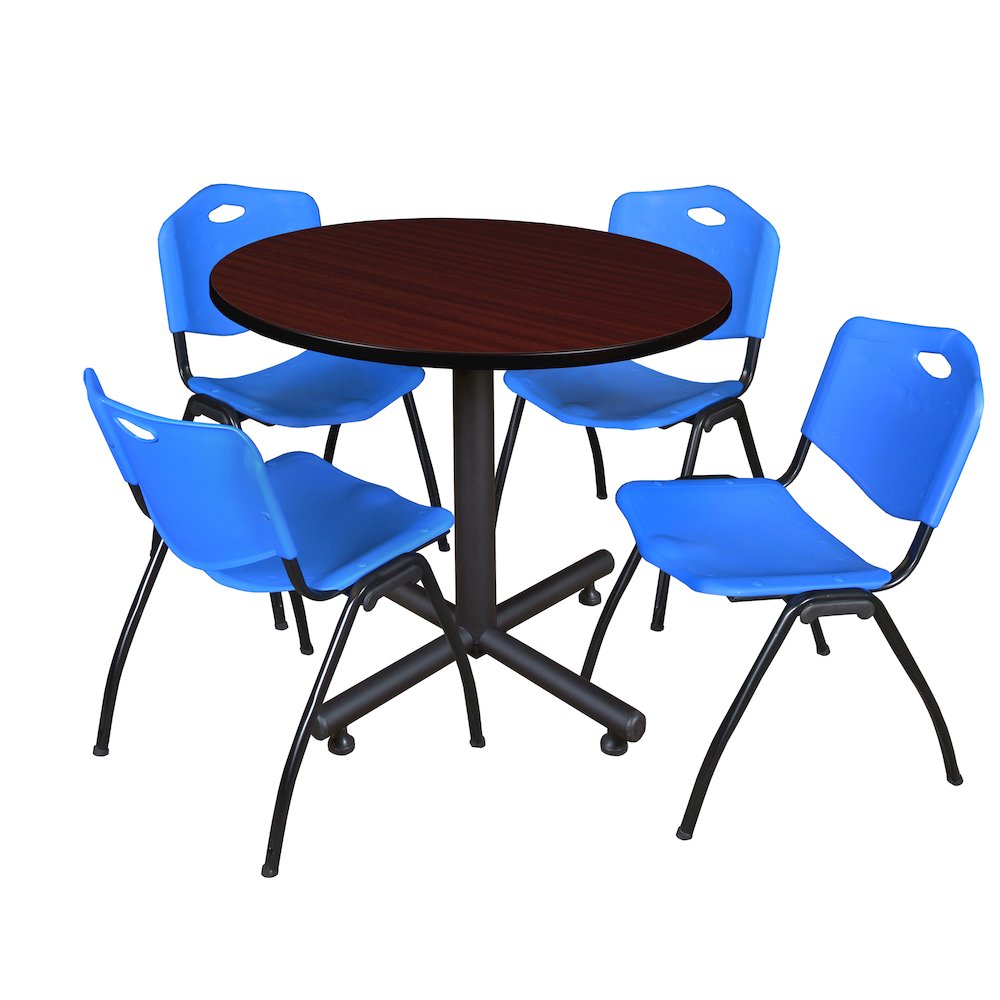42 in. Round X-Base Breakroom Table- Mahogany, 4 M Stack Chairs- Blue. Picture 1
