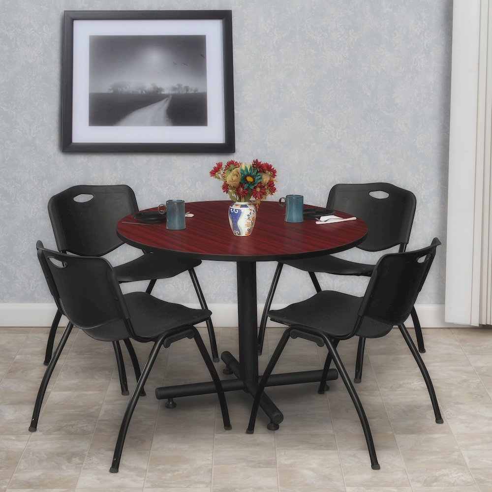 42 in. Round X-Base Breakroom Table- Mahogany, 4 M Stack Chairs- Black. Picture 8