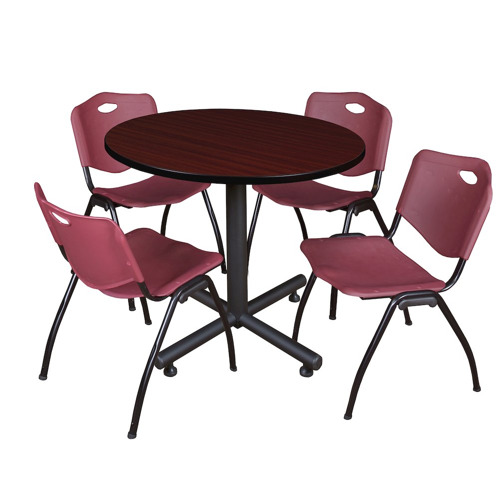 42 in. Round X-Base Breakroom Table- Mahogany, 4 M Stack Chairs- Burgundy. Picture 1