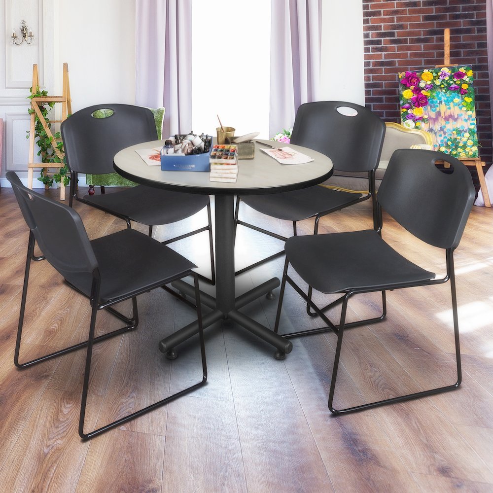 42 in. Round X-Base Breakroom Table- Maple, 4 Zeng Stack Chairs- Black. Picture 8