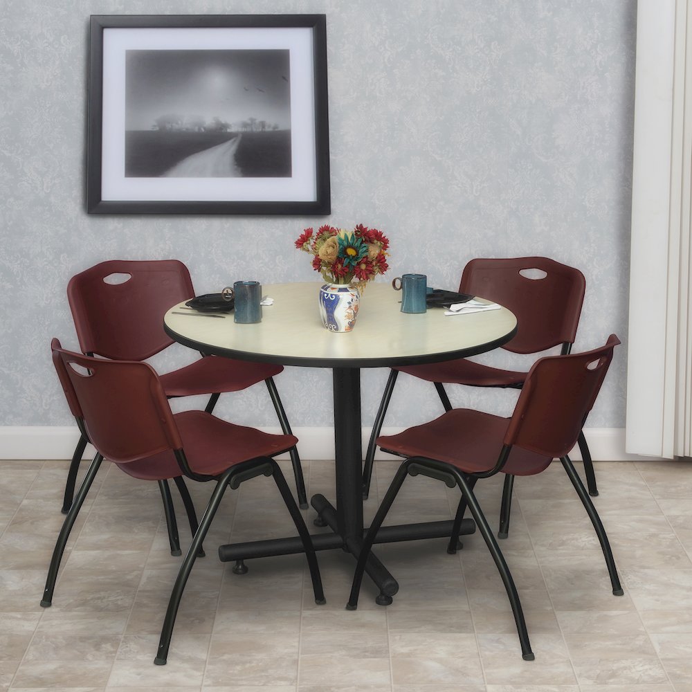 42 in. Round X-Base Breakroom Table- Maple, 4 M Stack Chairs- Burgundy. Picture 8