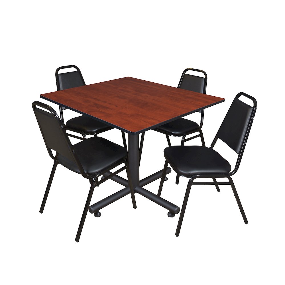 48 in. Square X-Base Breakroom Table- Cherry, 4 Restaurant Stack Chairs- Black. Picture 1