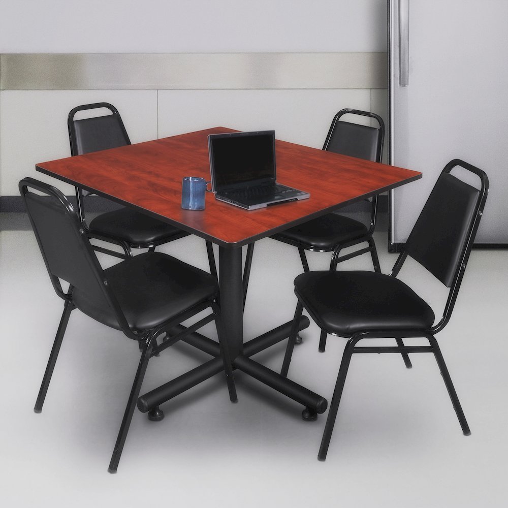 48 in. Square X-Base Breakroom Table- Cherry, 4 Restaurant Stack Chairs- Black. Picture 9
